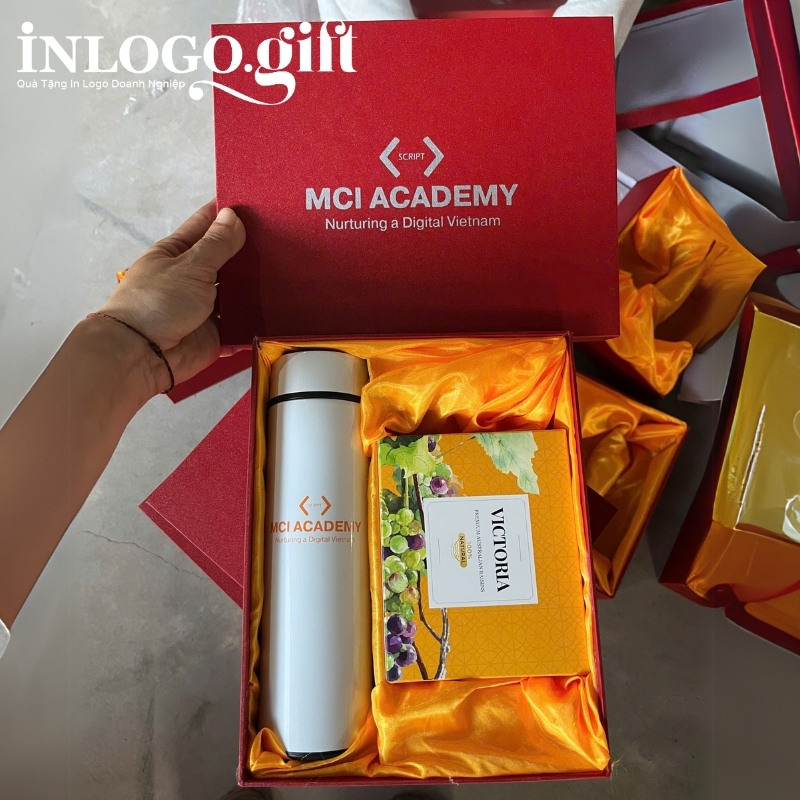 Bộ giftset in logo gồm bình giữ nhiệt và hộp nho khô BGS-22