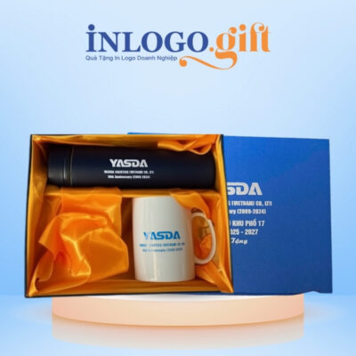 Bộ giftset in logo gồm bình giữ nhiệt và ly sứ BGS-25