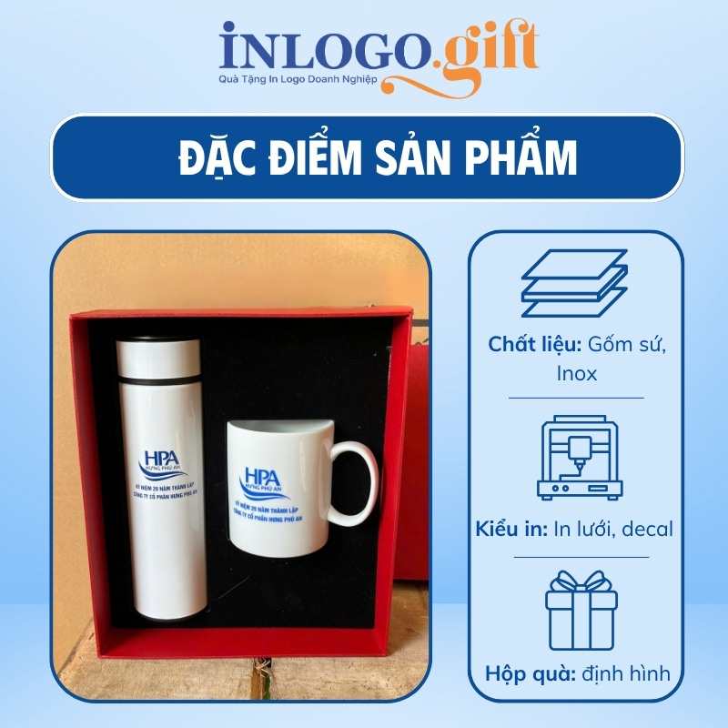 Bộ giftset in logo gồm bình giữ nhiệt và ly sứ trắng BGS-14