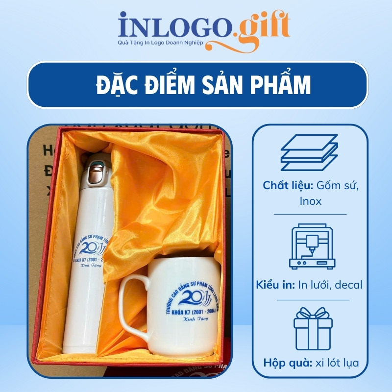 Bộ giftset in logo gồm bình giữ nhiệt và ly sứ BGS-26