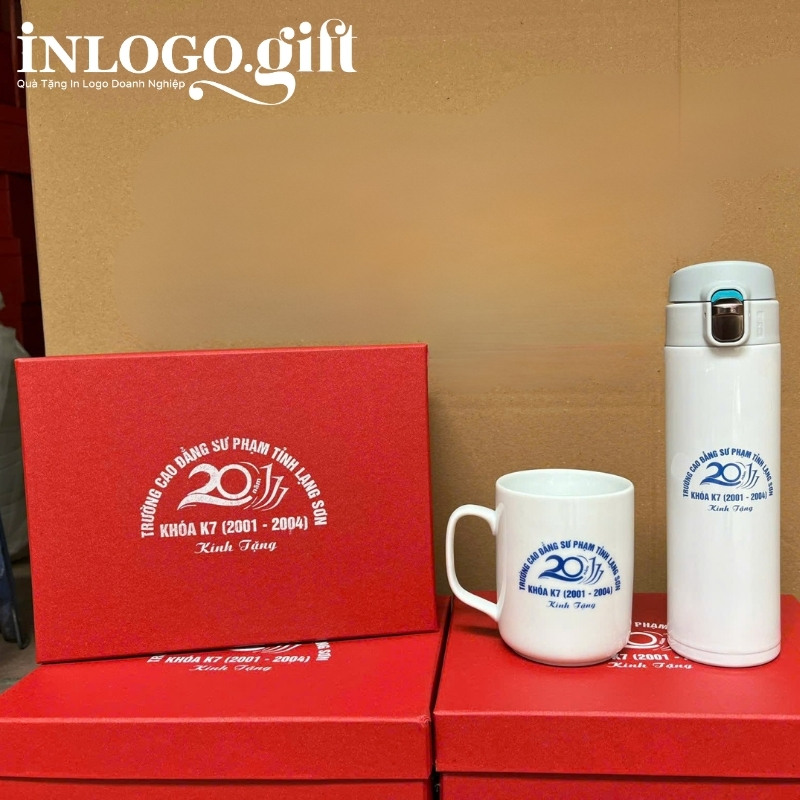 Bộ giftset in logo gồm bình giữ nhiệt và ly sứ BGS-26
