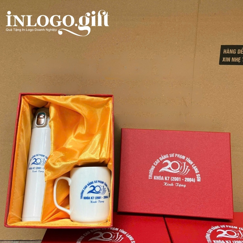 Bộ giftset in logo gồm bình giữ nhiệt và ly sứ BGS-26