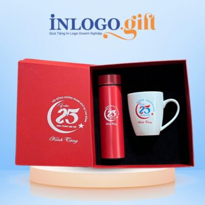 Bộ giftset in logo gồm bình giữ nhiệt và ly sứ BGS-27