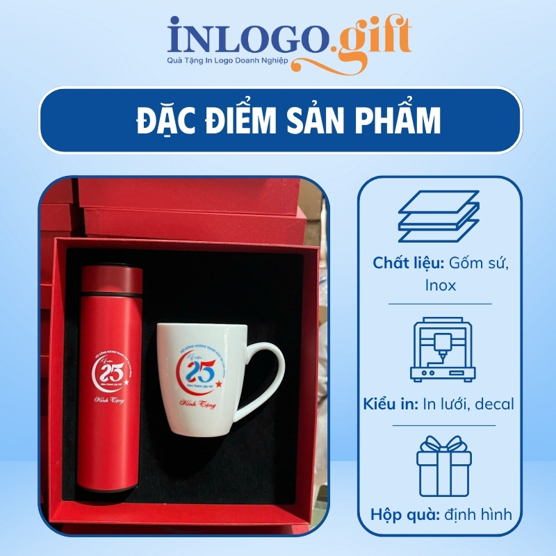 Bộ giftset in logo gồm bình giữ nhiệt và ly sứ BGS-27