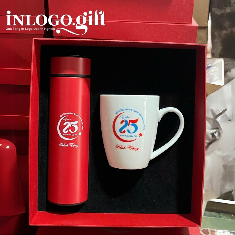 Bộ giftset in logo gồm bình giữ nhiệt và ly sứ BGS-27