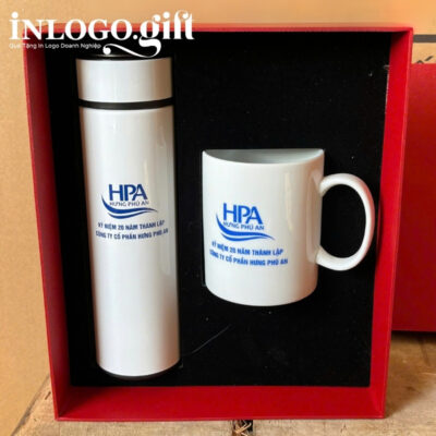 Bộ giftset in logo gồm bình giữ nhiệt và ly sứ trắng BGS-14