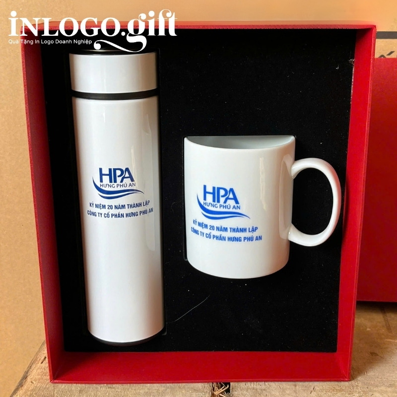Bộ giftset in logo gồm bình giữ nhiệt và ly sứ trắng BGS-14
