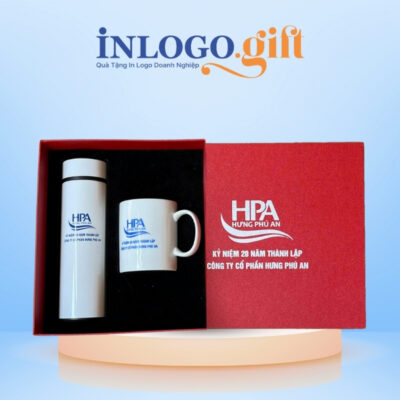Bộ giftset in logo gồm bình giữ nhiệt và ly sứ trắng BGS-14