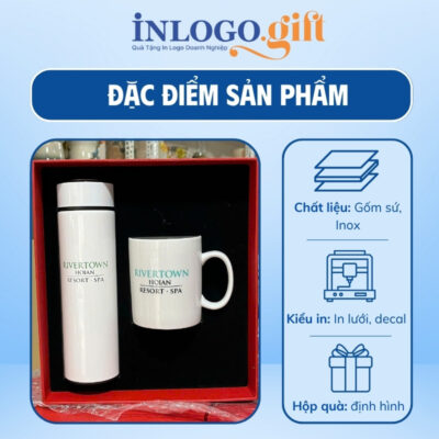 Bộ giftset in logo gồm bình giữ nhiệt và ly sứ BGS-23