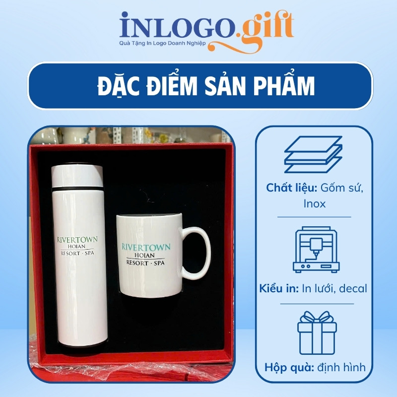 Bộ giftset in logo gồm bình giữ nhiệt và ly sứ BGS-23