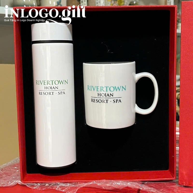 Bộ giftset in logo gồm bình giữ nhiệt và ly sứ BGS-23