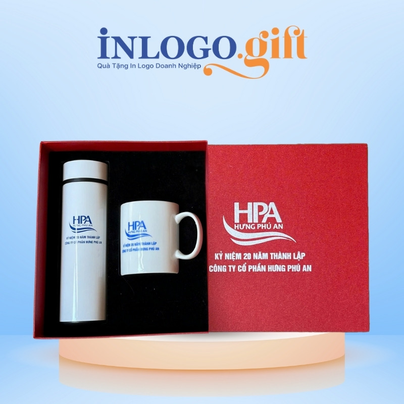 Bộ giftset in logo gồm bình giữ nhiệt và ly sứ trắng BGS-14
