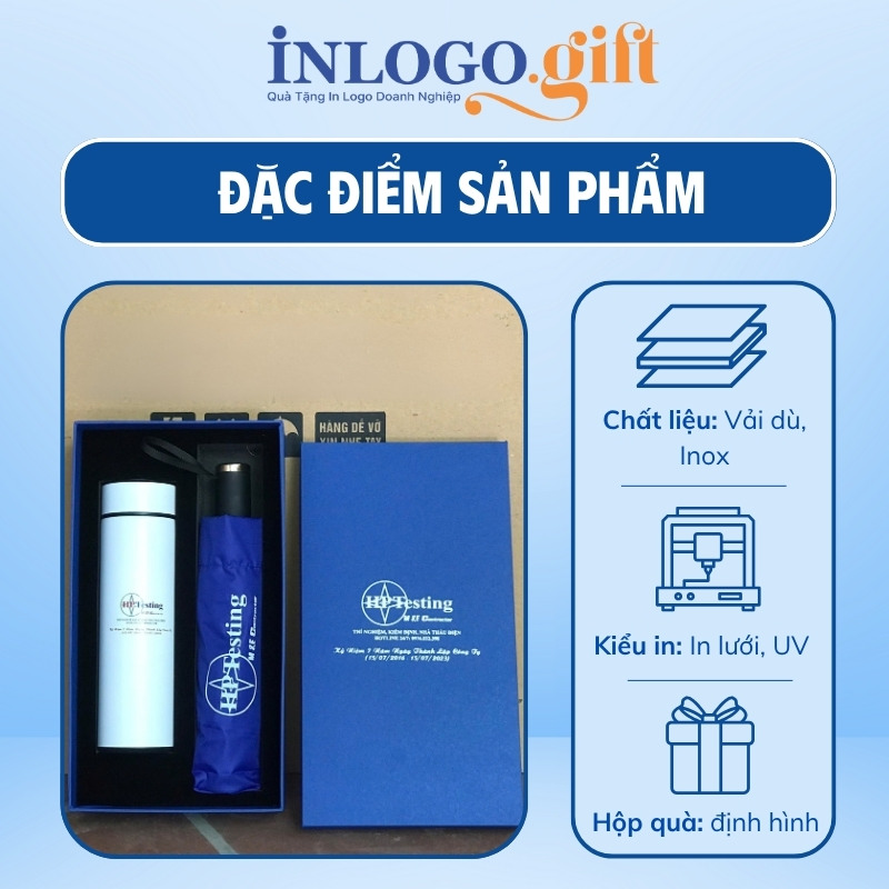 Bộ giftset in logo gồm bình giữ nhiệt và ô dù gấp 3 tự đẩy nút bấm nhựa BGS-28
