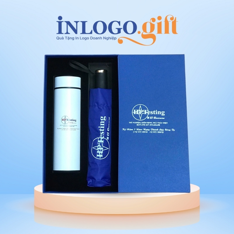 Bộ giftset in logo gồm bình giữ nhiệt và ô dù gấp 3 tự đẩy nút bấm nhựa BGS-28