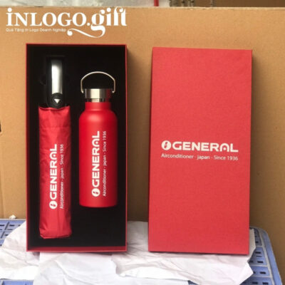 Bộ giftset in logo gồm bình giữ nhiệt và ô dù gấp 3 tự động 1 chiều BGS-18