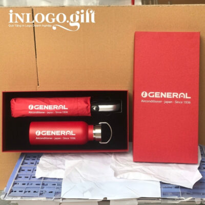 Bộ giftset in logo gồm bình giữ nhiệt và ô dù gấp 3 tự động 1 chiều BGS-18