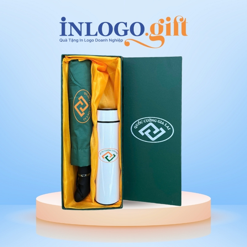 Bộ giftset in logo gồm bình giữ nhiệt và ô dù gấp 3 tự động 1 chiều BGS-29