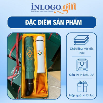 Bộ giftset in logo gồm bình giữ nhiệt và ô dù gấp 3 tự động 1 chiều BGS-29