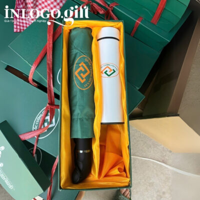 Bộ giftset in logo gồm bình giữ nhiệt và ô dù gấp 3 tự động 1 chiều BGS-29