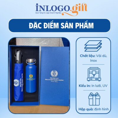 Bộ giftset in logo gồm bình giữ nhiệt và ô dù gấp 3 tự động 1 chiều BGS-17