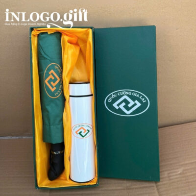 Bộ giftset in logo gồm bình giữ nhiệt và ô dù gấp 3 tự động 1 chiều BGS-29