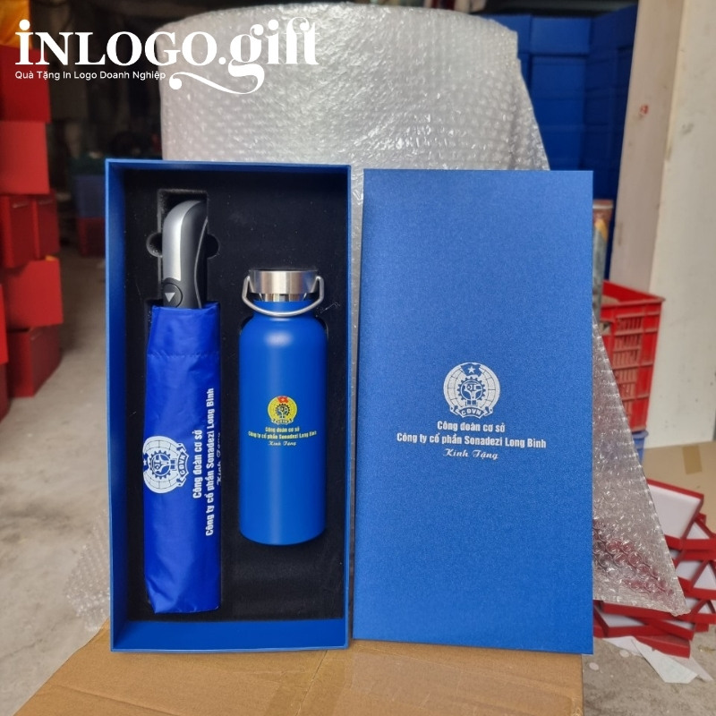 Bộ giftset in logo gồm bình giữ nhiệt và ô dù gấp 3 tự động 1 chiều BGS-17