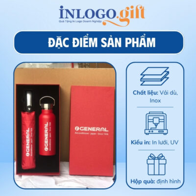 Bộ giftset in logo gồm bình giữ nhiệt và ô dù gấp 3 tự động 1 chiều BGS-18