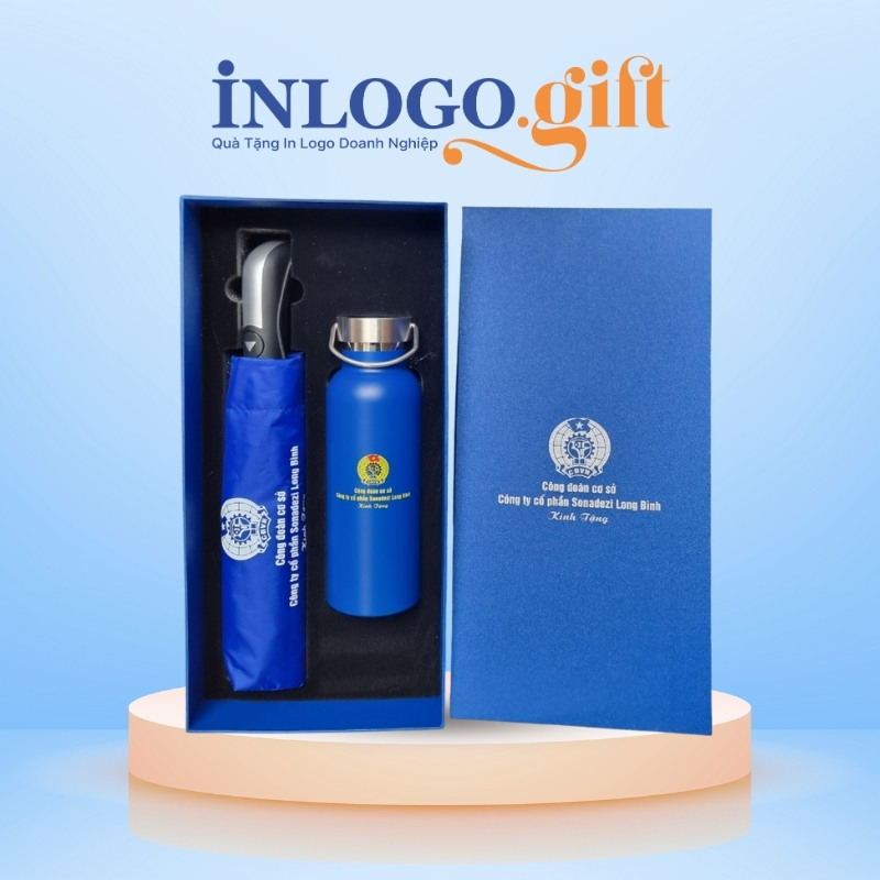 Bộ giftset in logo gồm bình giữ nhiệt và ô dù gấp 3 tự động 1 chiều BGS-17