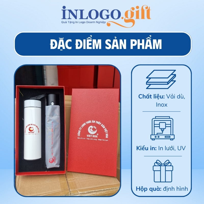 Bộ giftset in logo gồm bình giữ nhiệt và ô dù gấp 3 tự động 2 chiều BGS-16