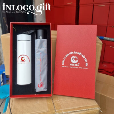 Bộ giftset in logo gồm bình giữ nhiệt và ô dù gấp 3 tự động 2 chiều BGS-16