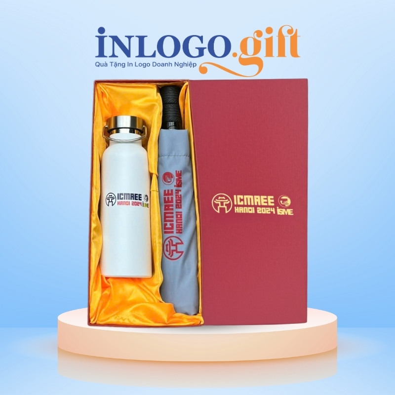 Bộ giftset in logo gồm bình giữ nhiệt và ô dù gấp 3 tự động 2 chiều BGS-19