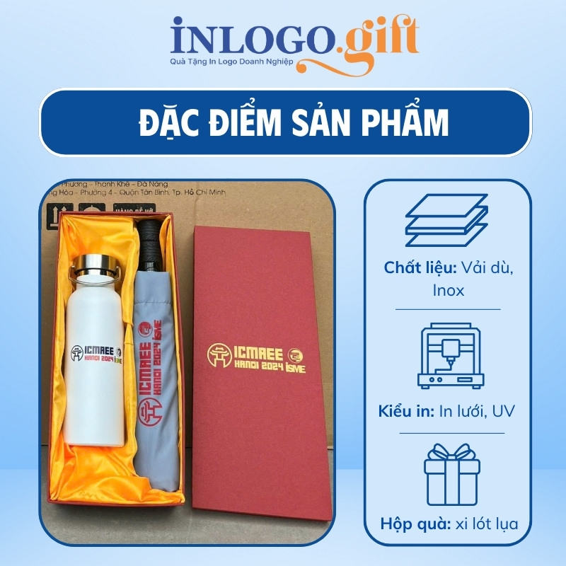 Bộ giftset in logo gồm bình giữ nhiệt và ô dù gấp 3 tự động 2 chiều BGS-19