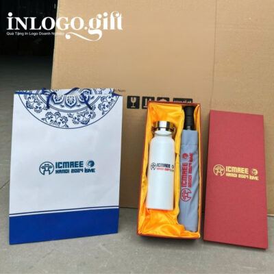 Bộ giftset in logo gồm bình giữ nhiệt và ô dù gấp 3 tự động 2 chiều BGS-19