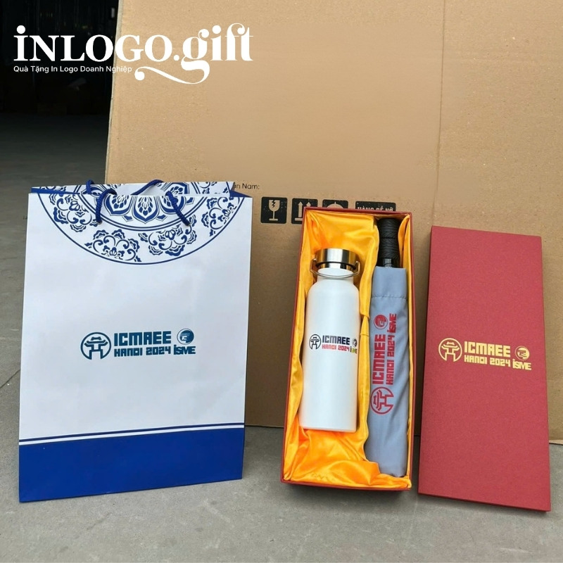 Bộ giftset in logo gồm bình giữ nhiệt và ô dù gấp 3 tự động 2 chiều BGS-19