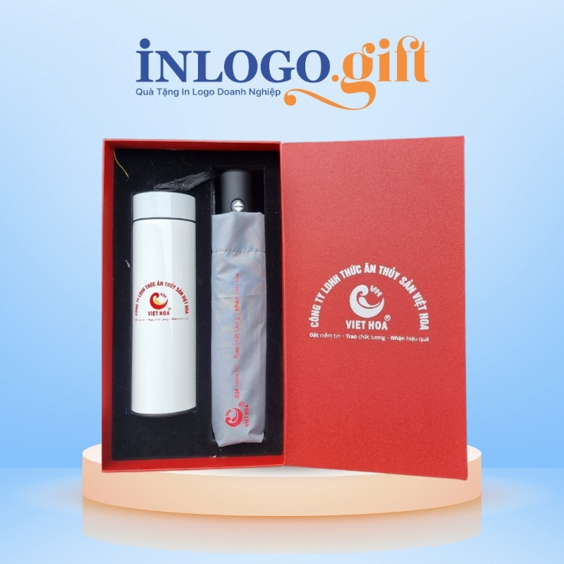 Bộ giftset in logo gồm bình giữ nhiệt và ô dù gấp 3 tự động 2 chiều BGS-16