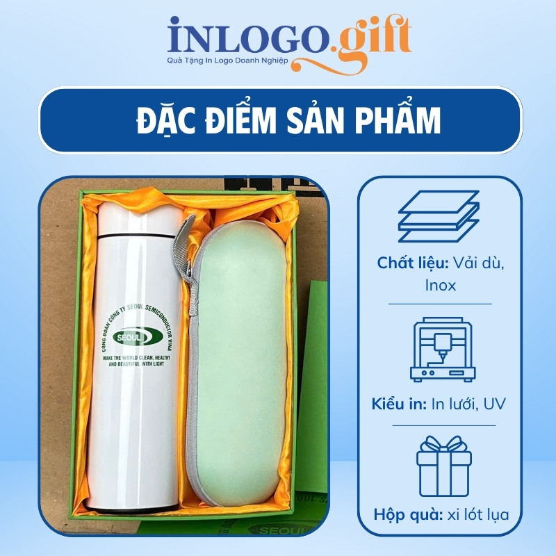 Bộ giftset in logo gồm bình giữ nhiệt và ô dù gấp 5 tự đẩy BGS-30