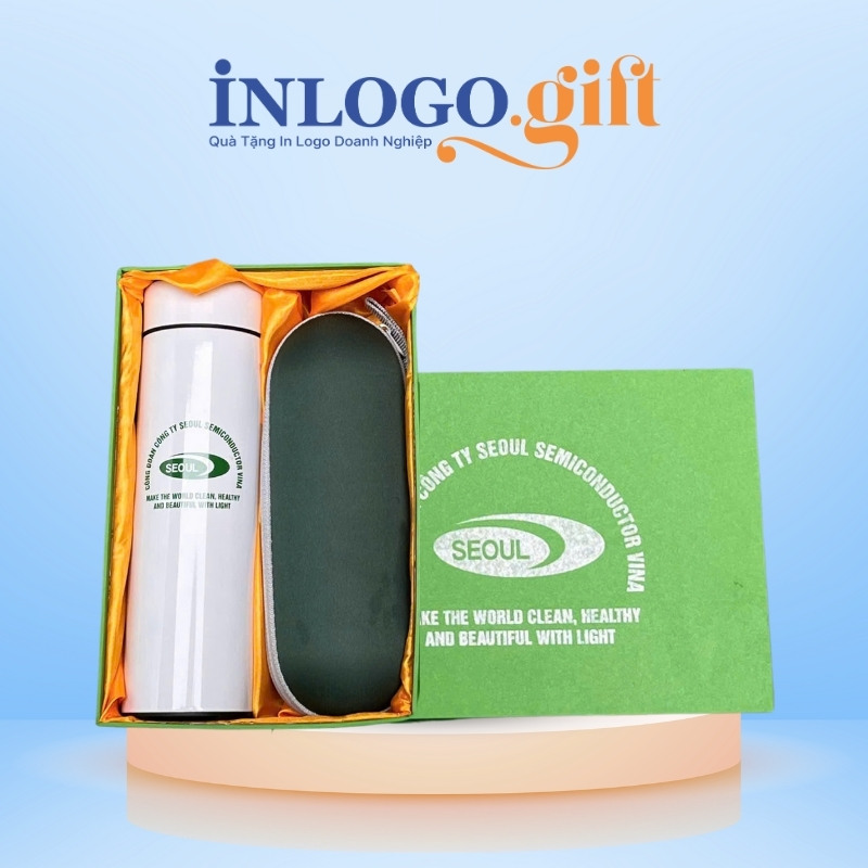Bộ giftset in logo gồm bình giữ nhiệt và ô dù gấp 5 tự đẩy BGS-30