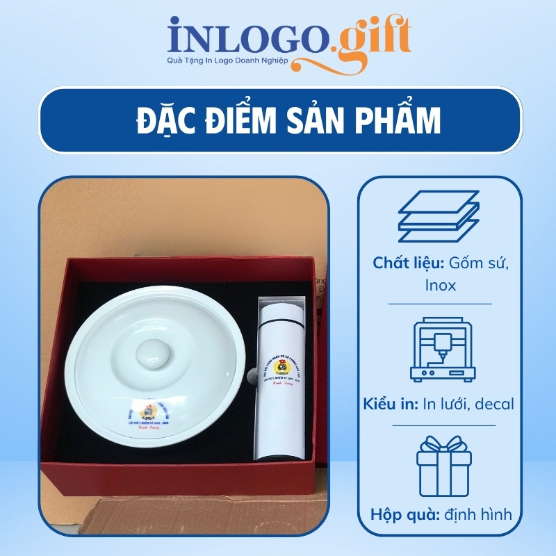 Bộ giftset in logo gồm bình giữ nhiệt và thố sứ BGS-31