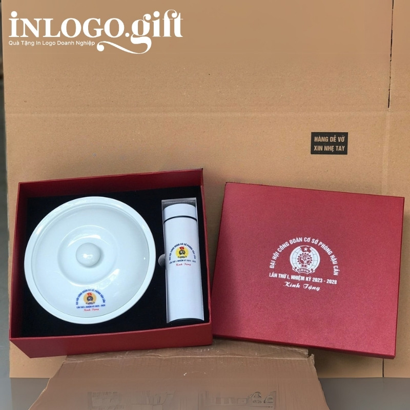 Bộ giftset in logo gồm bình giữ nhiệt và thố sứ BGS-31