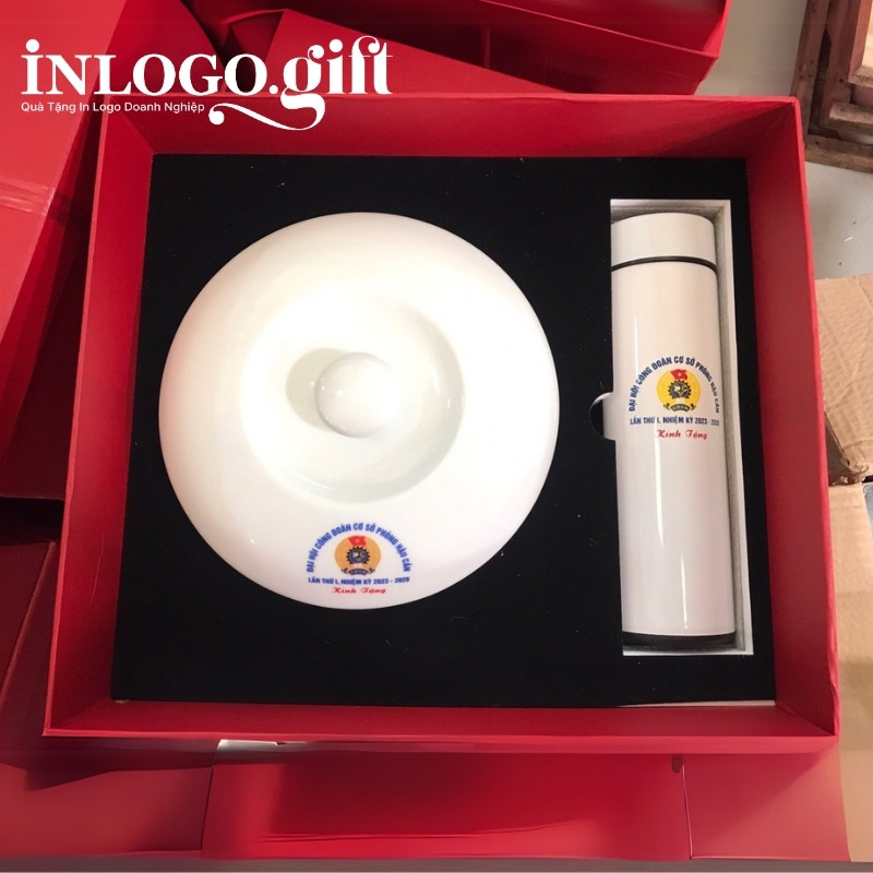 Bộ giftset in logo gồm bình giữ nhiệt và thố sứ BGS-31