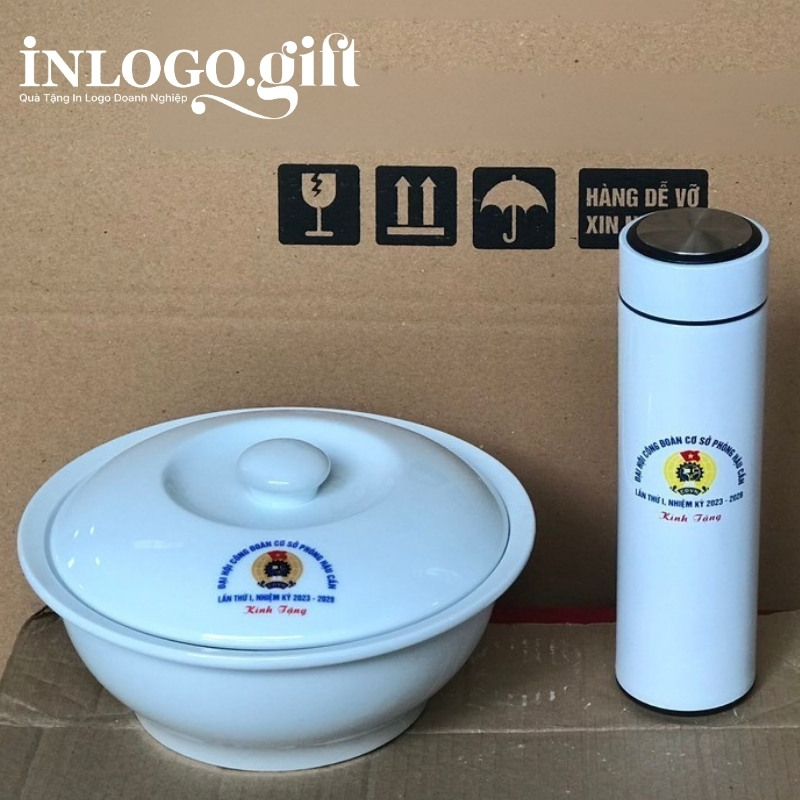 Bộ giftset in logo gồm bình giữ nhiệt và thố sứ BGS-31