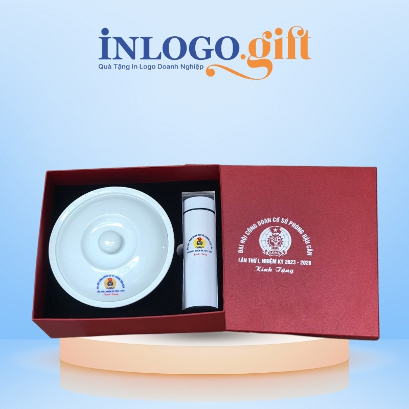 Bộ giftset in logo gồm bình giữ nhiệt và thố sứ BGS-31