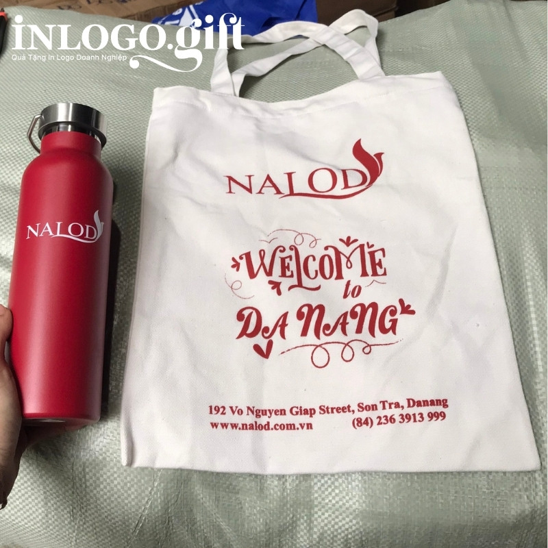 Bộ giftset in logo gồm bình giữ nhiệt và túi vải canvas BGS-20