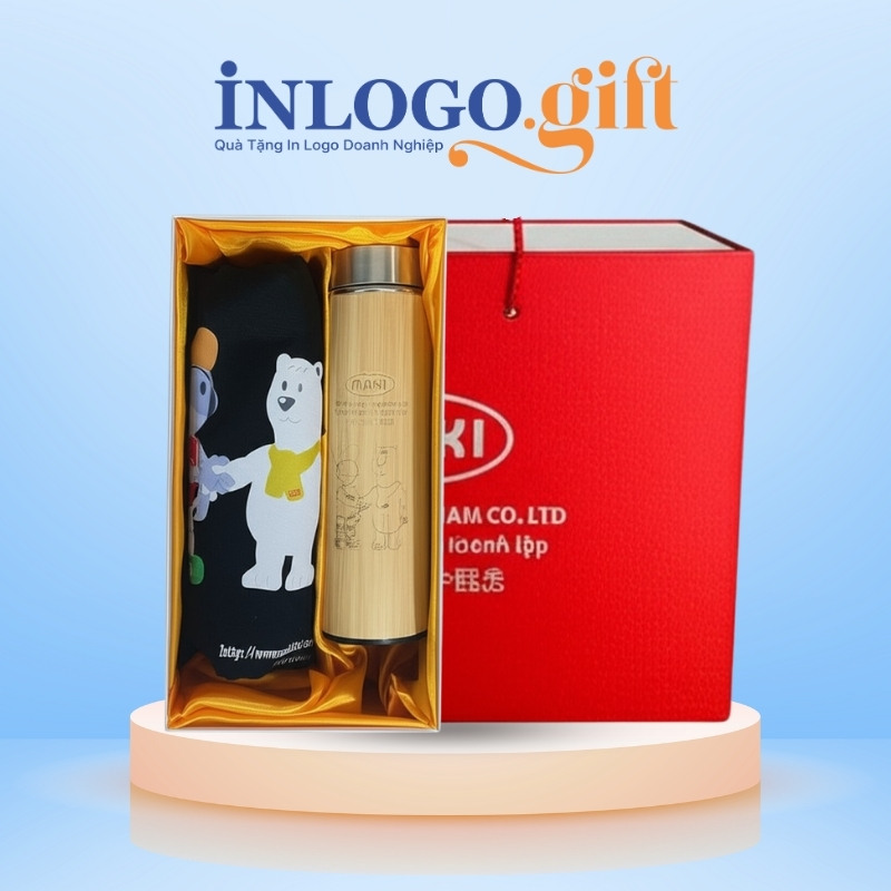 Bộ giftset in logo gồm bình giữ nhiệt vỏ tre và túi vải canvas BGS-32