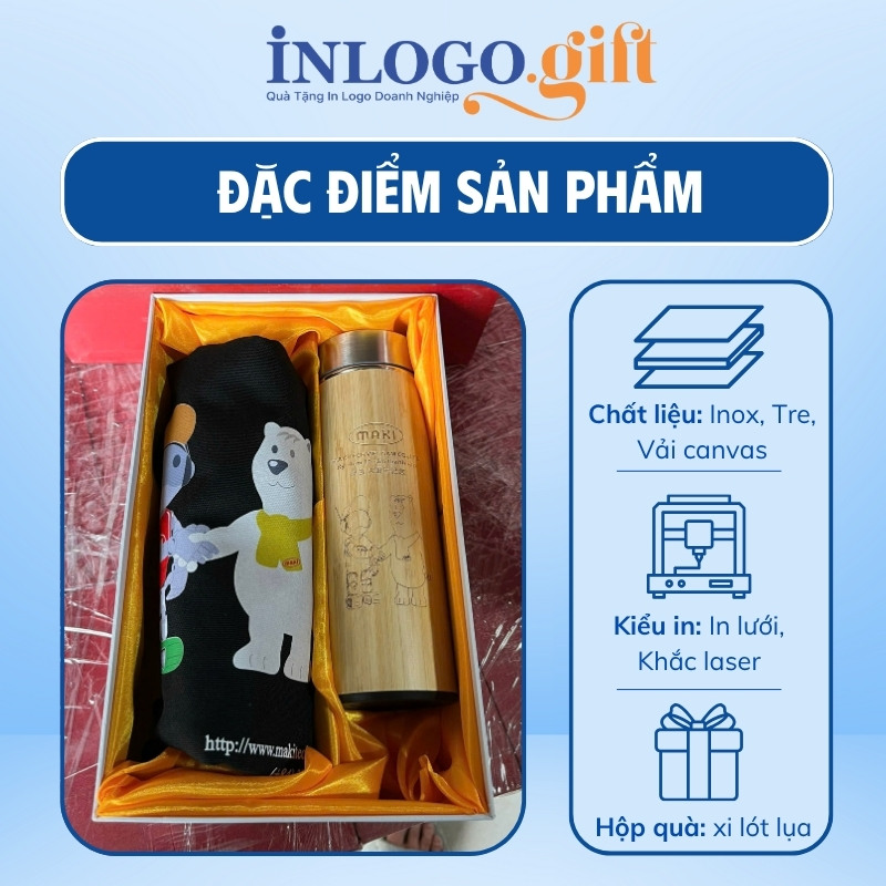 Bộ giftset in logo gồm bình giữ nhiệt vỏ tre và túi vải canvas BGS-32