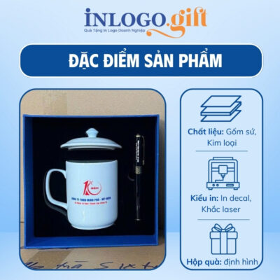 Bộ giftset in logo gồm ly sứ nắp quai C và bút ký BGS-11