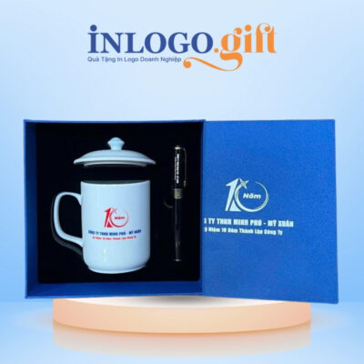 Bộ giftset in logo gồm ly sứ nắp quai C và bút ký BGS-11