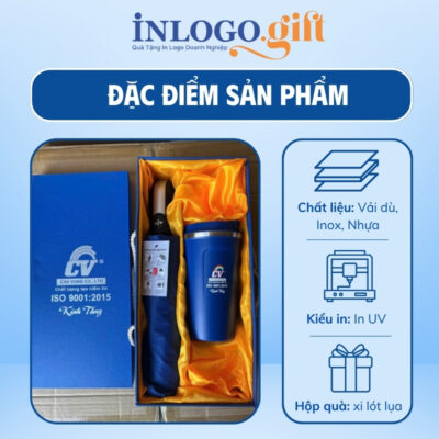 Bộ giftset in logo gồm ly giữ nhiệt và ô dù gấp 3 tự động 1 chiều BGS-37