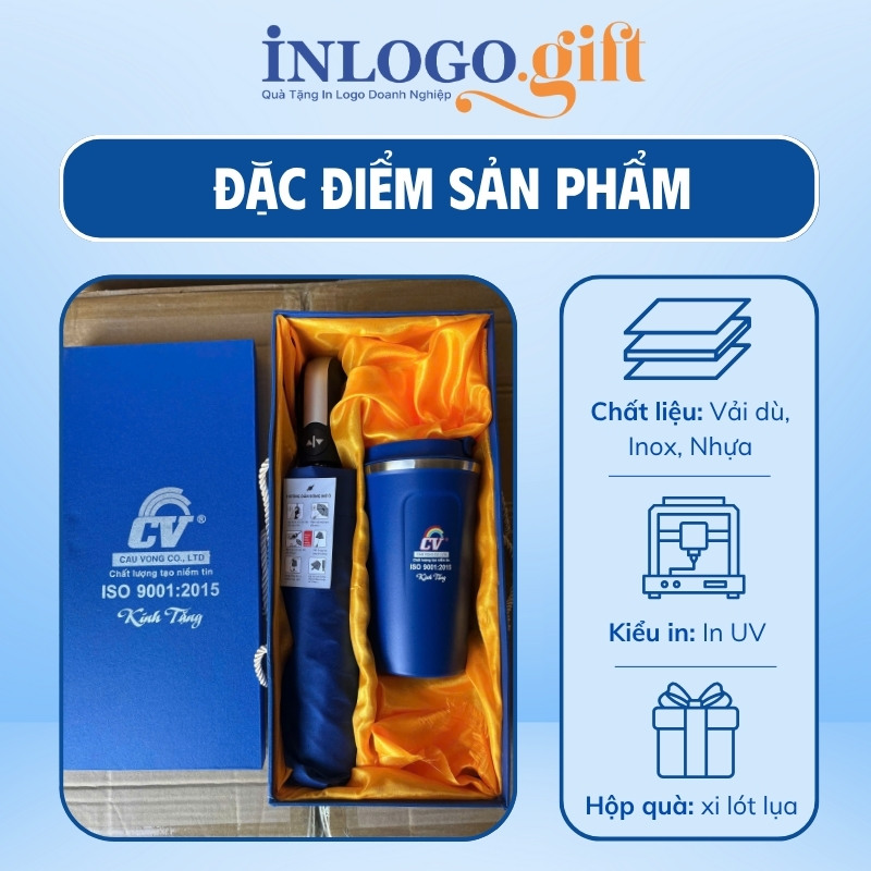 Bộ giftset in logo gồm ly giữ nhiệt và ô dù gấp 3 tự động 1 chiều BGS-37