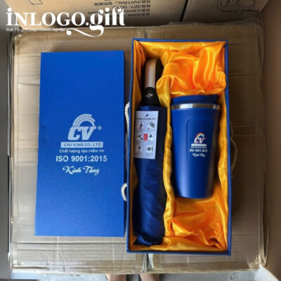 Bộ giftset in logo gồm ly giữ nhiệt và ô dù gấp 3 tự động 1 chiều BGS-37